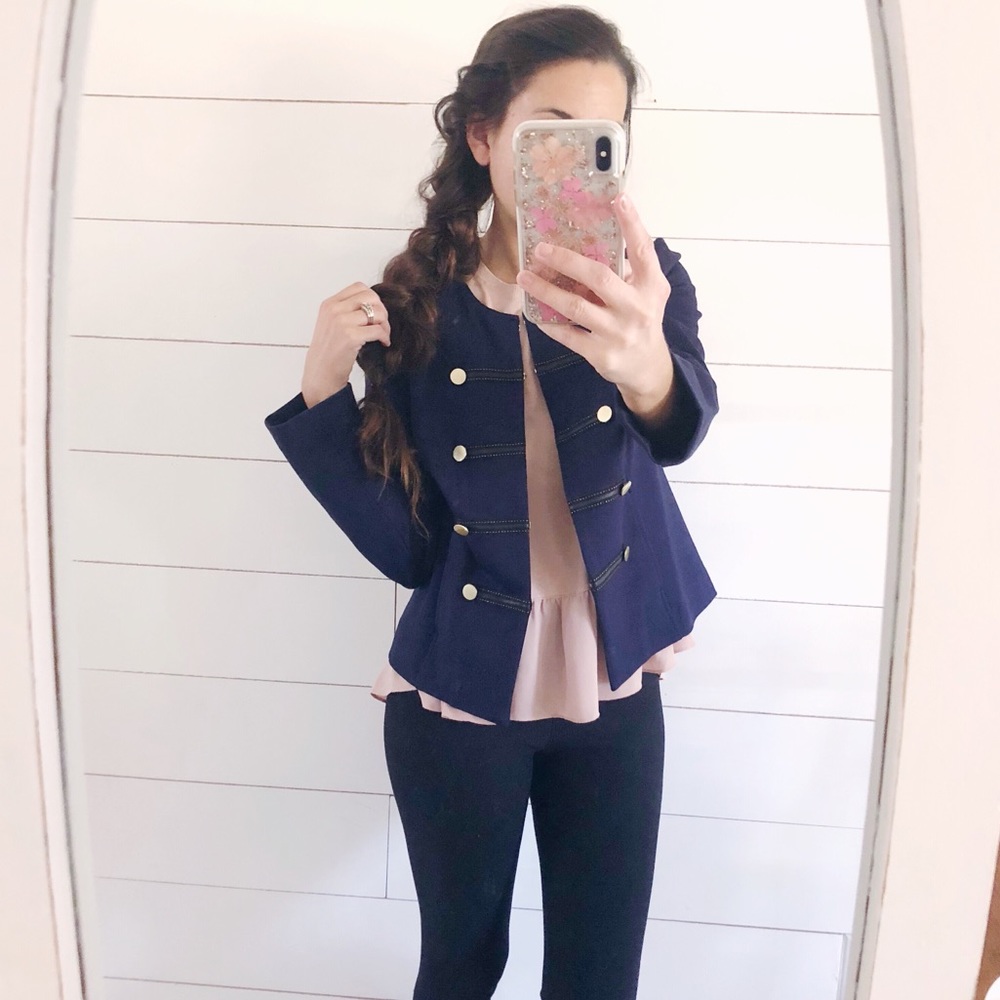 Navy blue military coat with brass buttons Chico’s